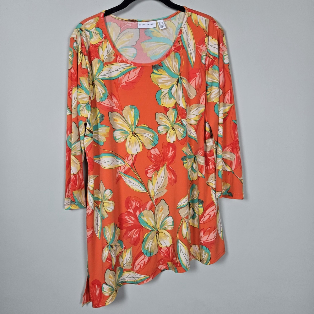 Susan Graver Women Floral Liquid Knit Asymmetric Tunic Top Large Orange Tropical